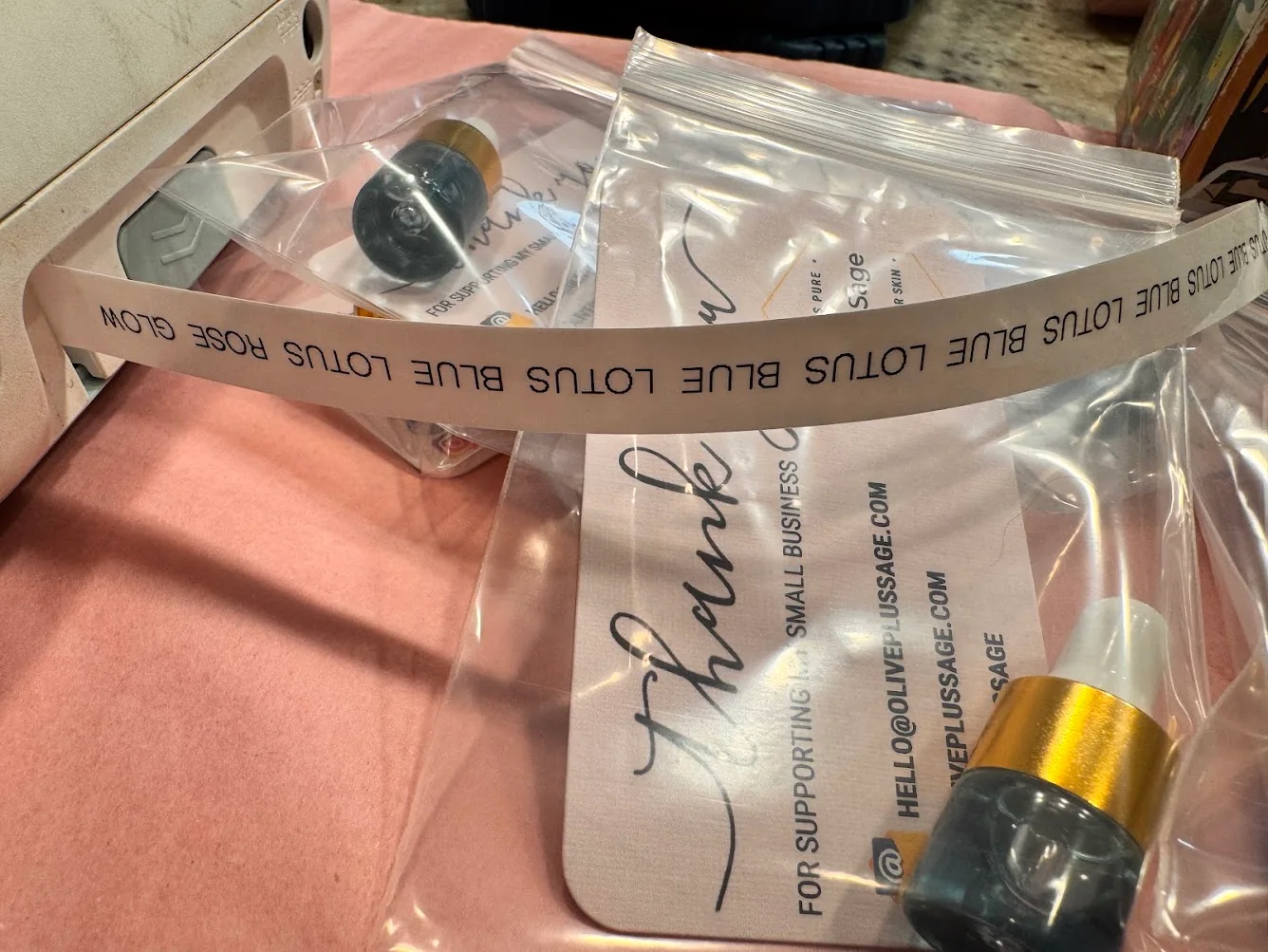 Brother label strip used to identify Blue Lotus and Rose Glow samples