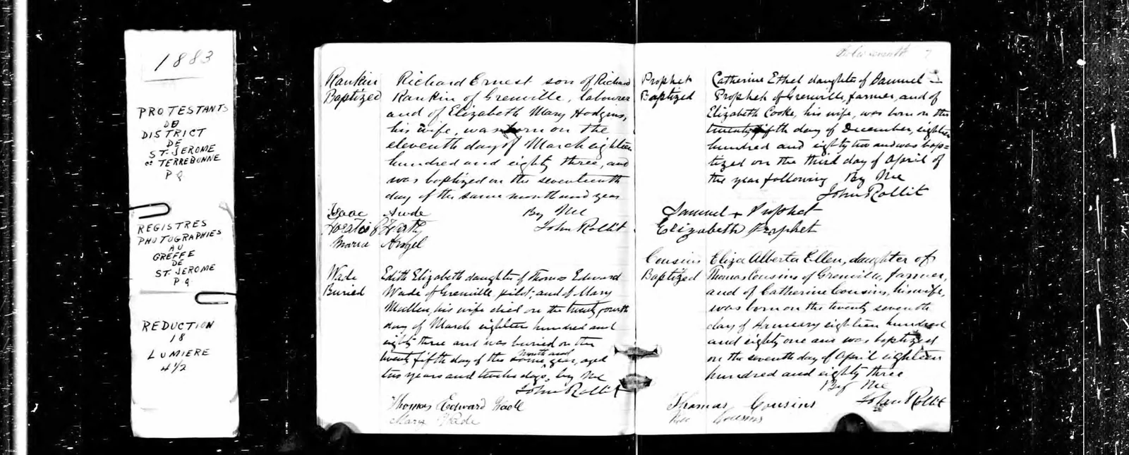 Historical Canadian church baptism record for a sibling in the family