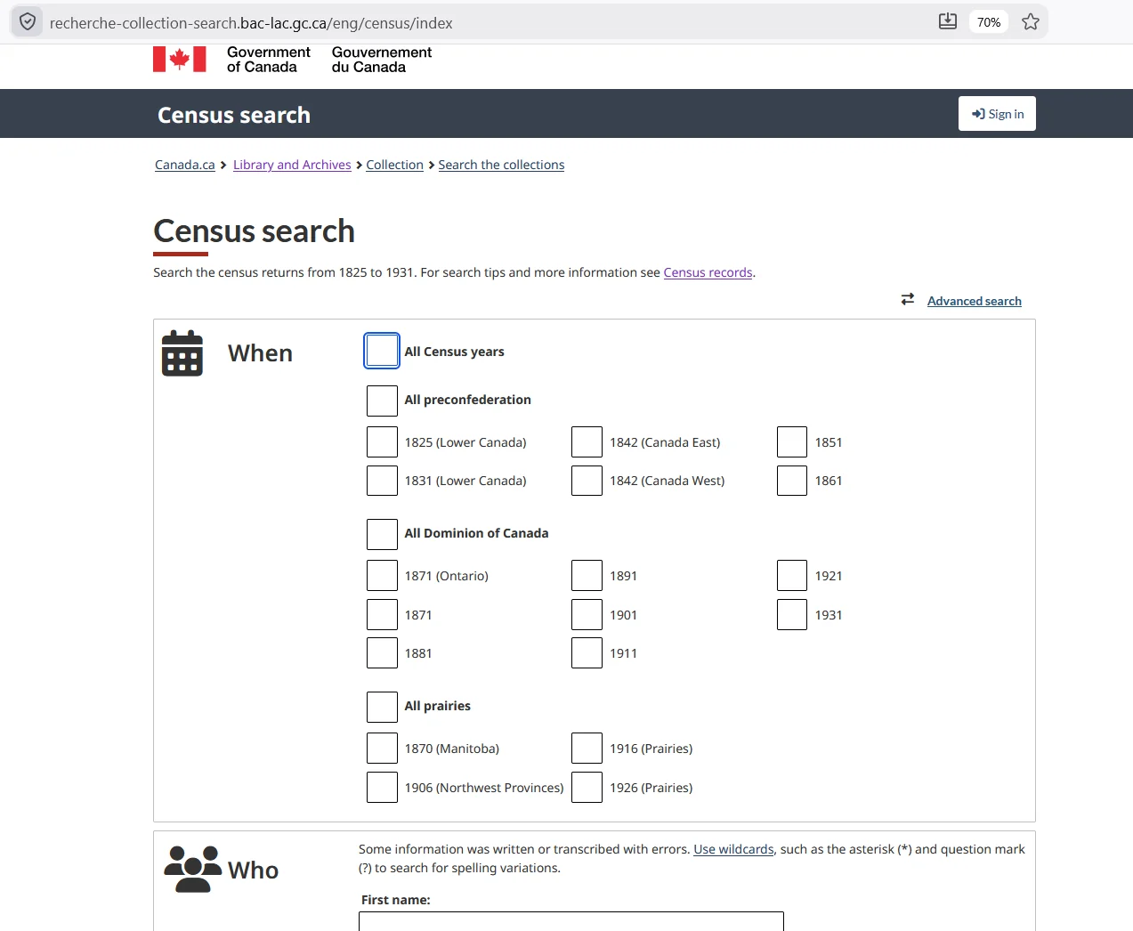 Library and Archives Canada Census Search interface