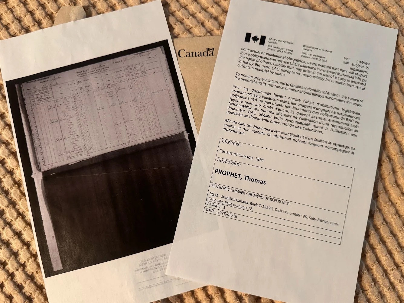 Certified census copy package received from Library and Archives Canada