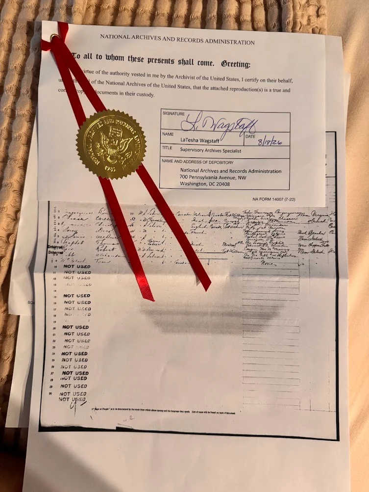Certified passenger arrival record package from the U.S. National Archives