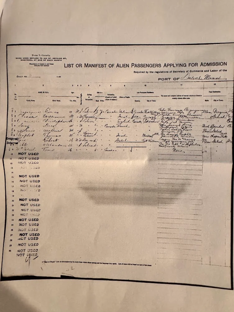 Historical passenger manifest from the U.S. National Archives