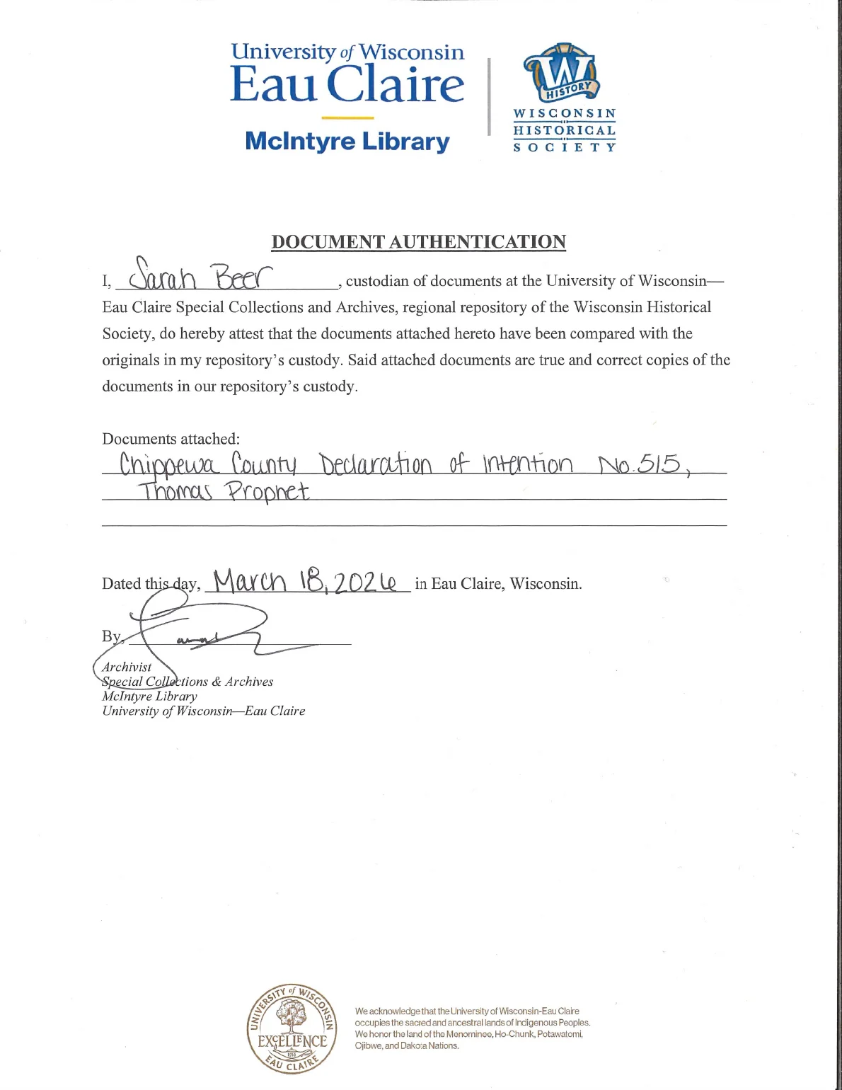 Wisconsin archive document authentication page