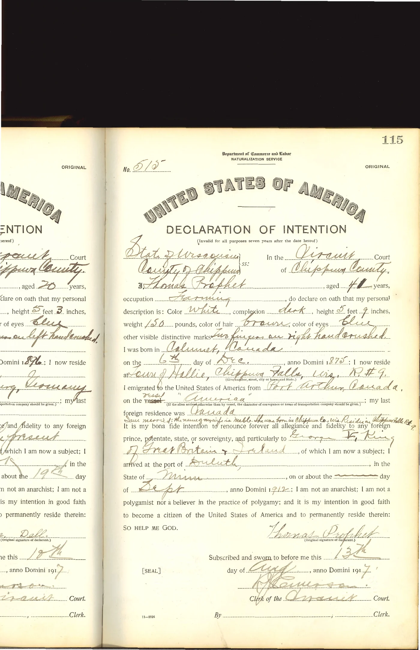 Historical declaration of intention showing Canadian origin