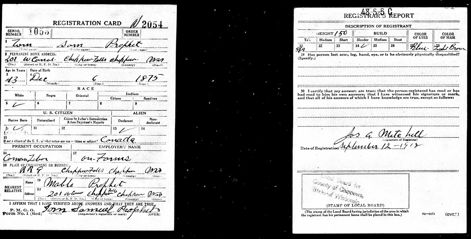 Historical registration card showing Canadian nationality and birth information