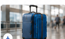 Blue rolling suitcase in a travel setting.
