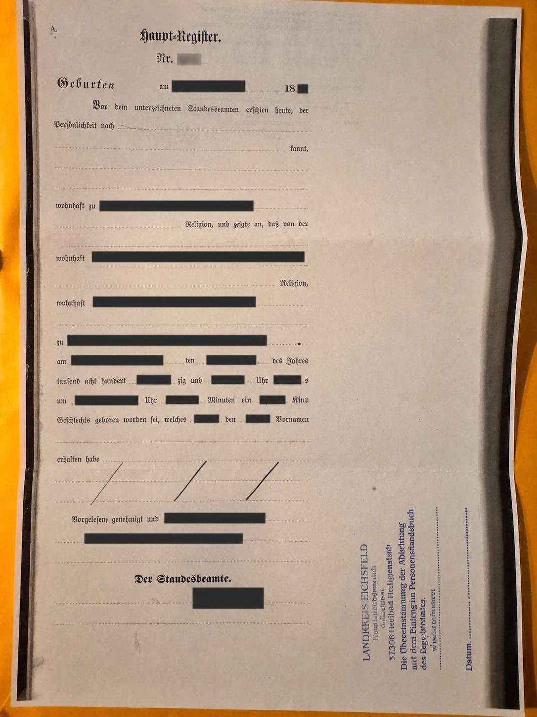 Redacted historic German record