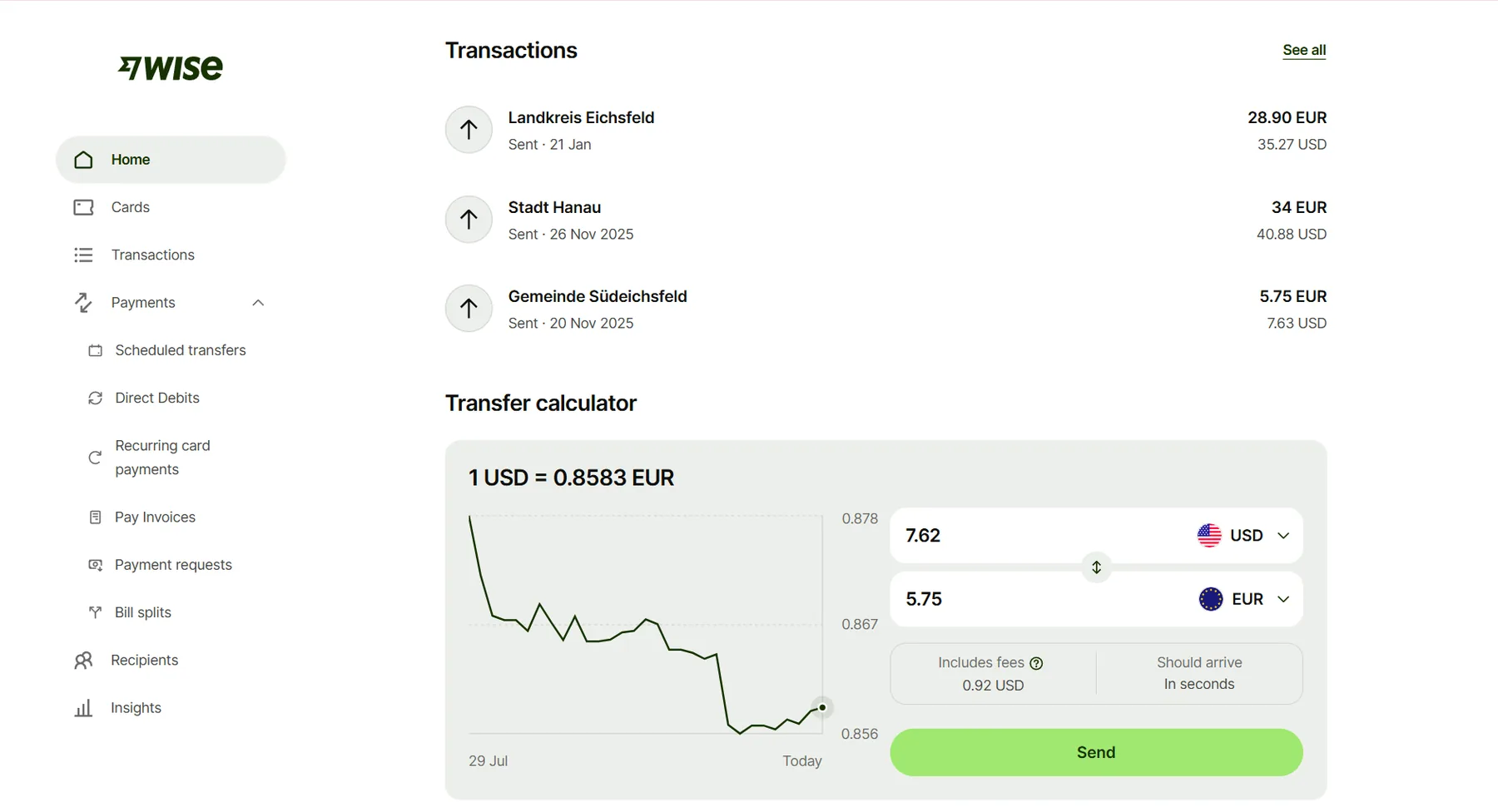 Wise account screenshot showing several payments to German municipal authorities