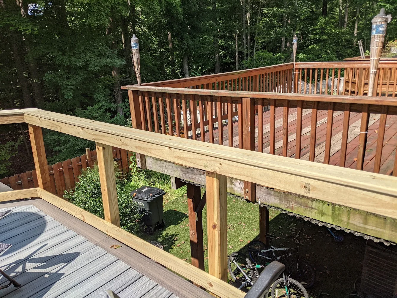 Composite deck with new wood railing framing