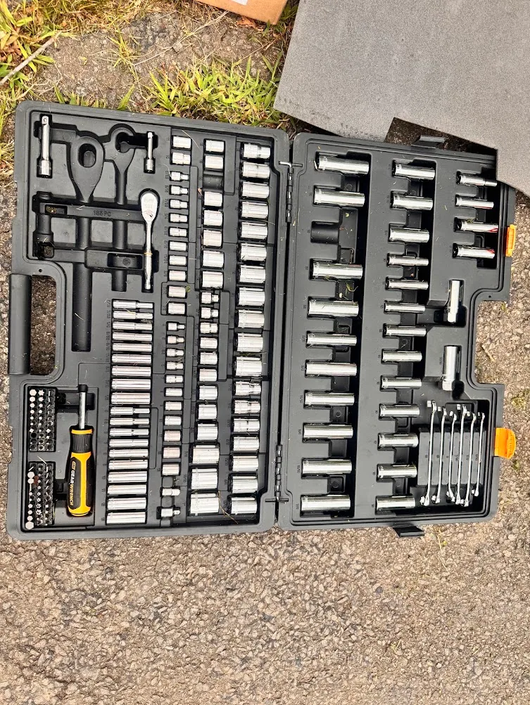 GEARWRENCH 185-piece mechanics tool set open with sockets, ratchets, bits and wrenches