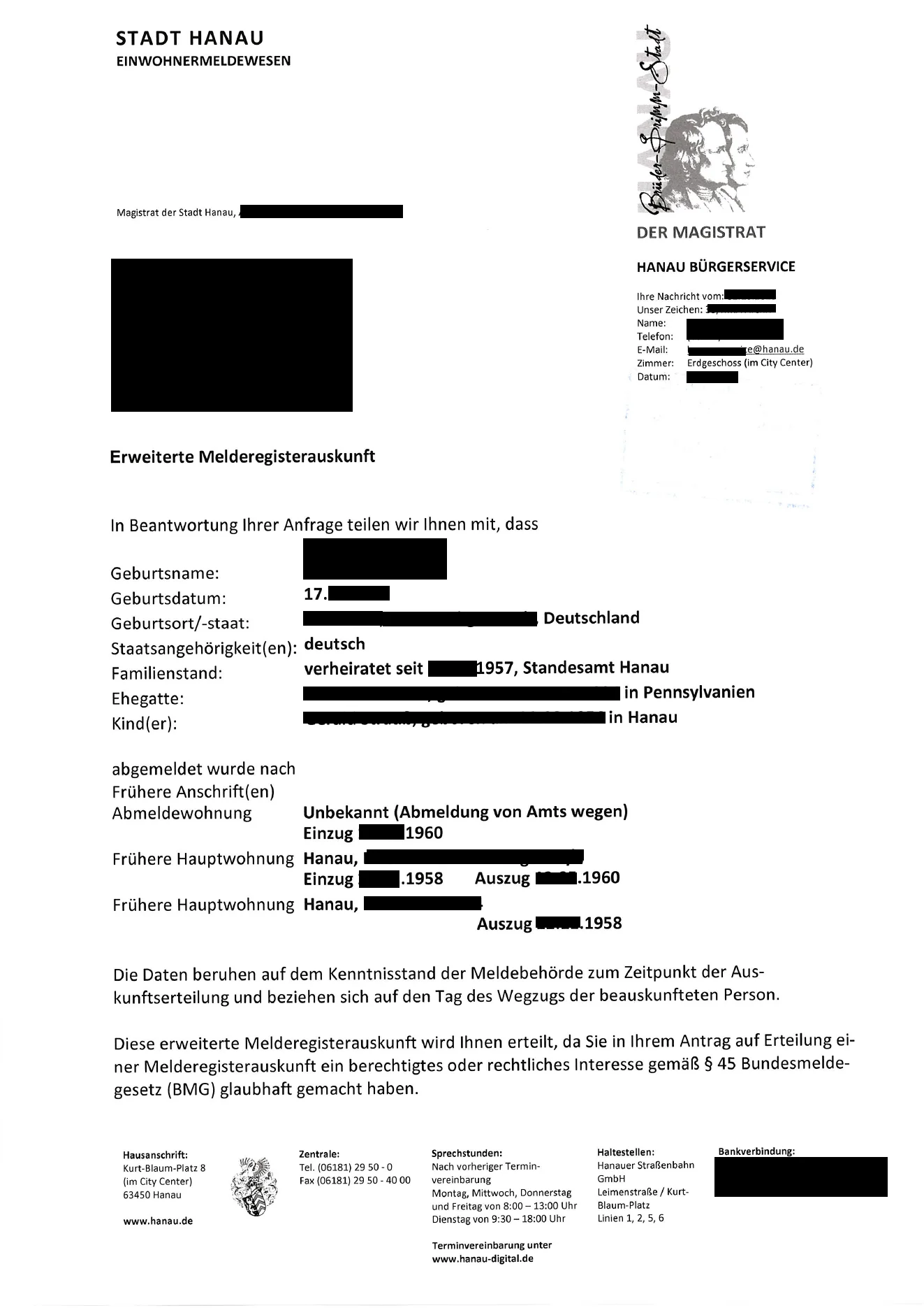 Redacted Hanau extended registration extract used in our German citizenship records research