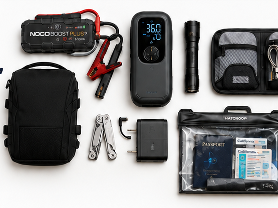 A collection of practical everyday gear including a jump starter, tire inflator, flashlight, gear bag, and document pouch.
