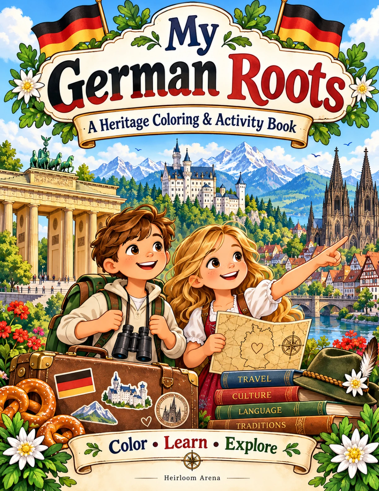 Full front cover of My German Roots, showing two young explorers, German landmarks and alpine scenery
