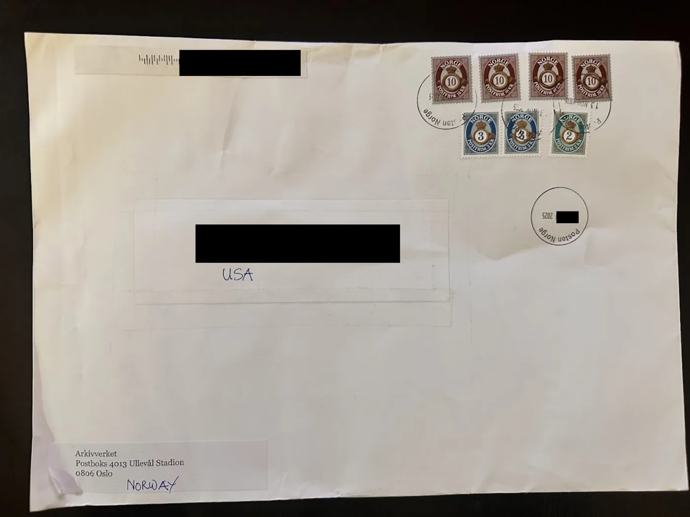 Redacted Arkivverket envelope mailed from Norway to the United States
