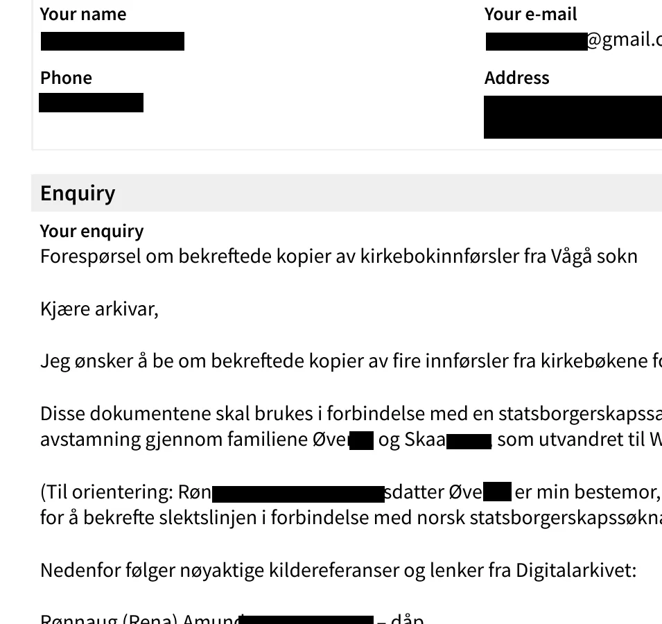 Redacted Arkivverket request listing certified parish-register copies and Digitalarkivet references