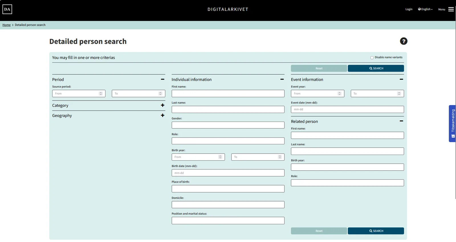 Digitalarkivet detailed person search with fields for dates, names, places and related people