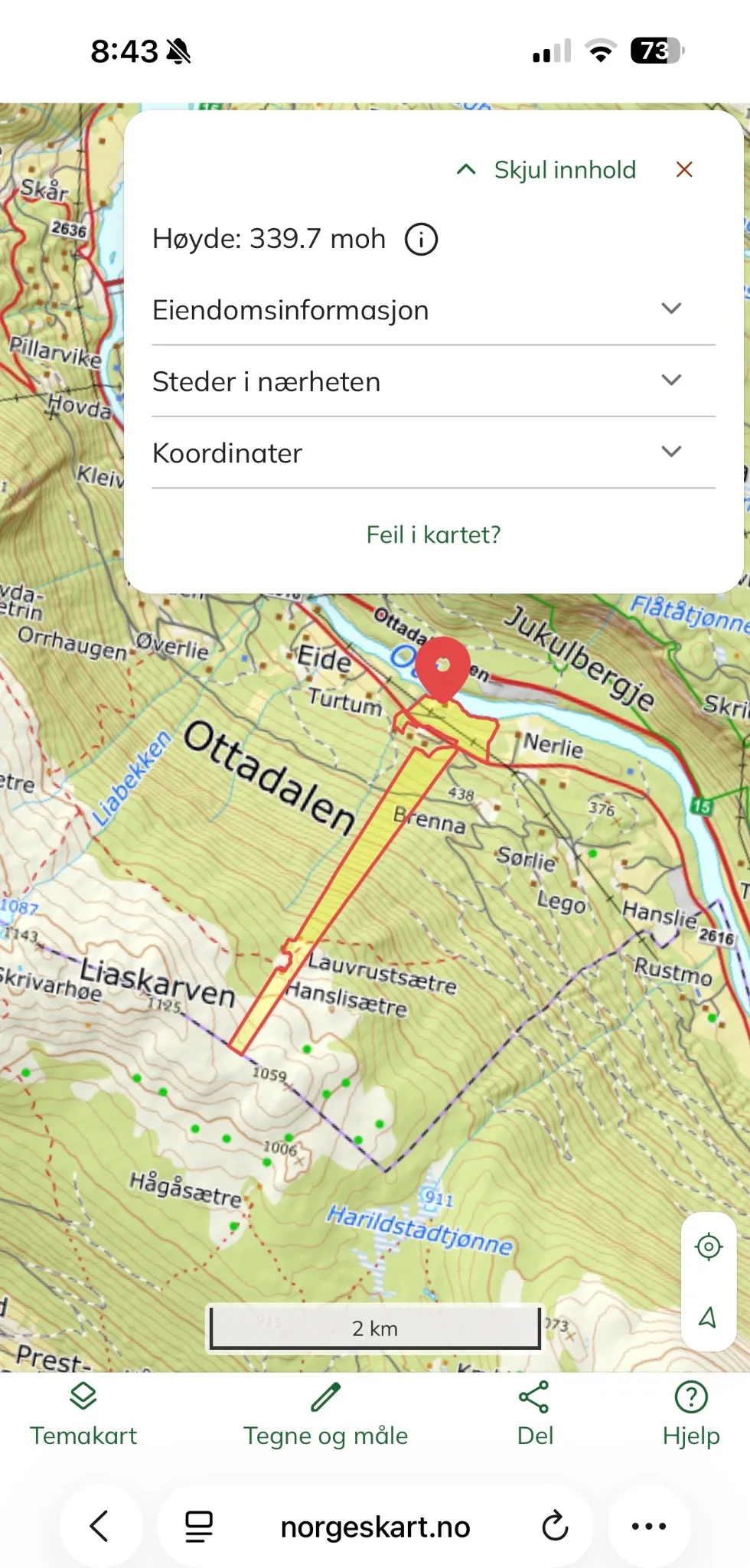 Norgeskart screenshot showing a modern property outline in the ancestral Vågå area