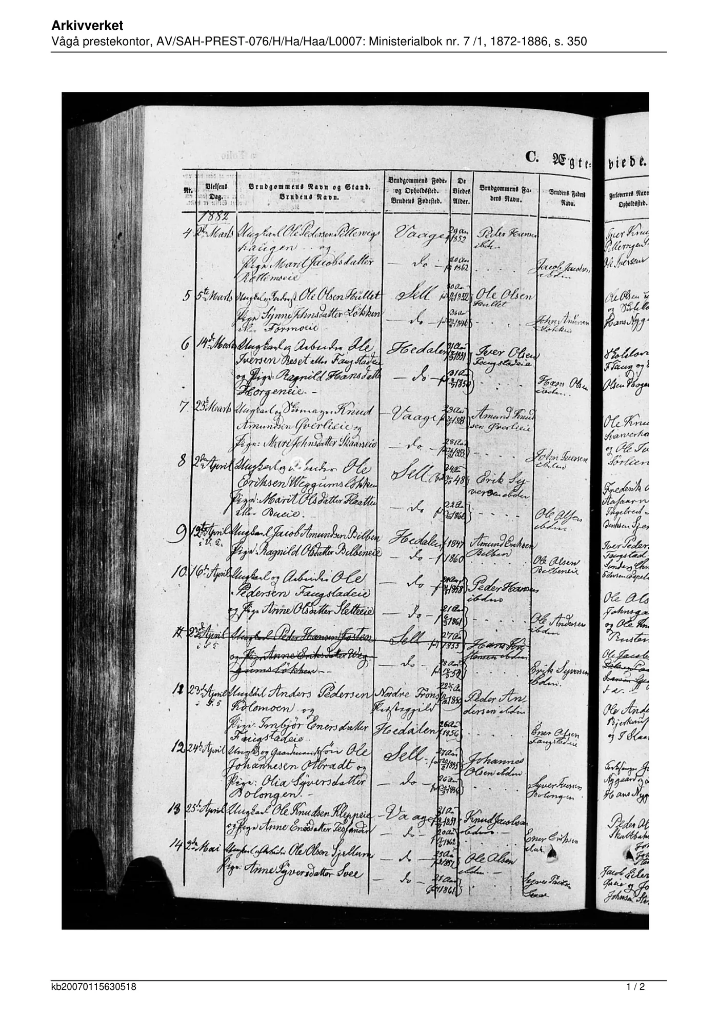 Digitized Vågå parish marriage register from Arkivverket