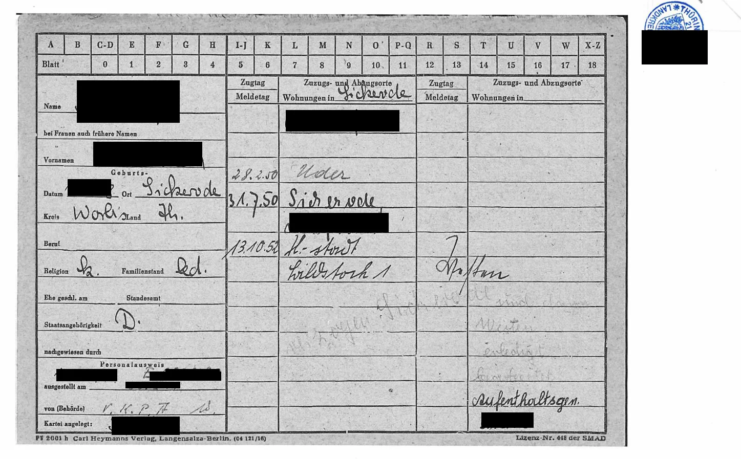 Redacted historical Meldekarte from Sickerode used in our German family research