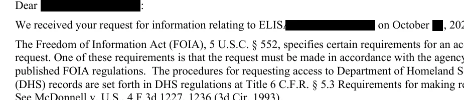 Redacted USCIS letter explaining a missing-address problem