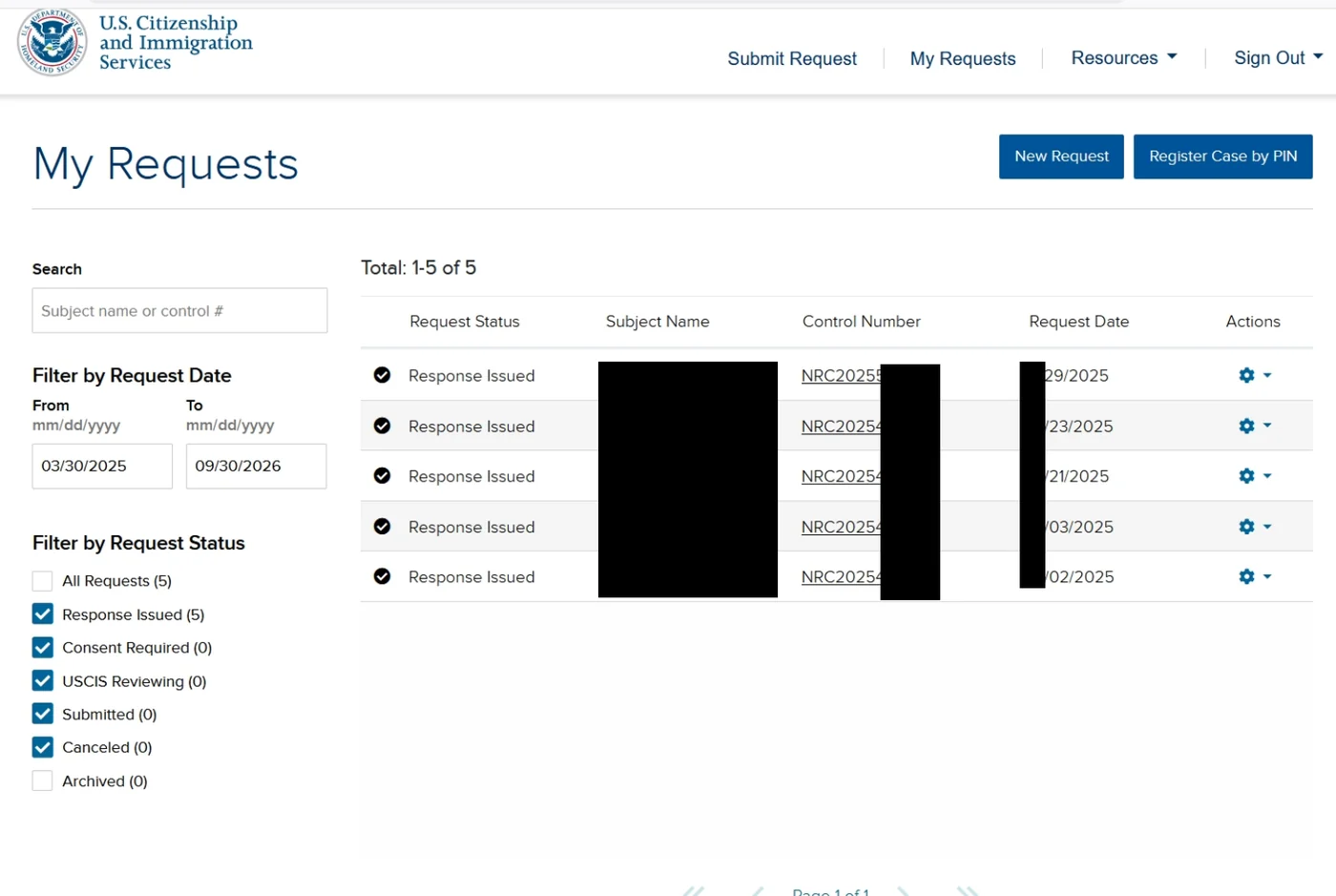 Redacted USCIS My Requests page showing completed FOIA requests