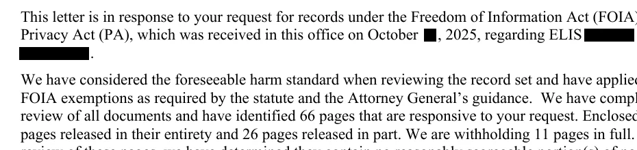 Redacted USCIS partial denial letter excerpt with full, partial and withheld page counts