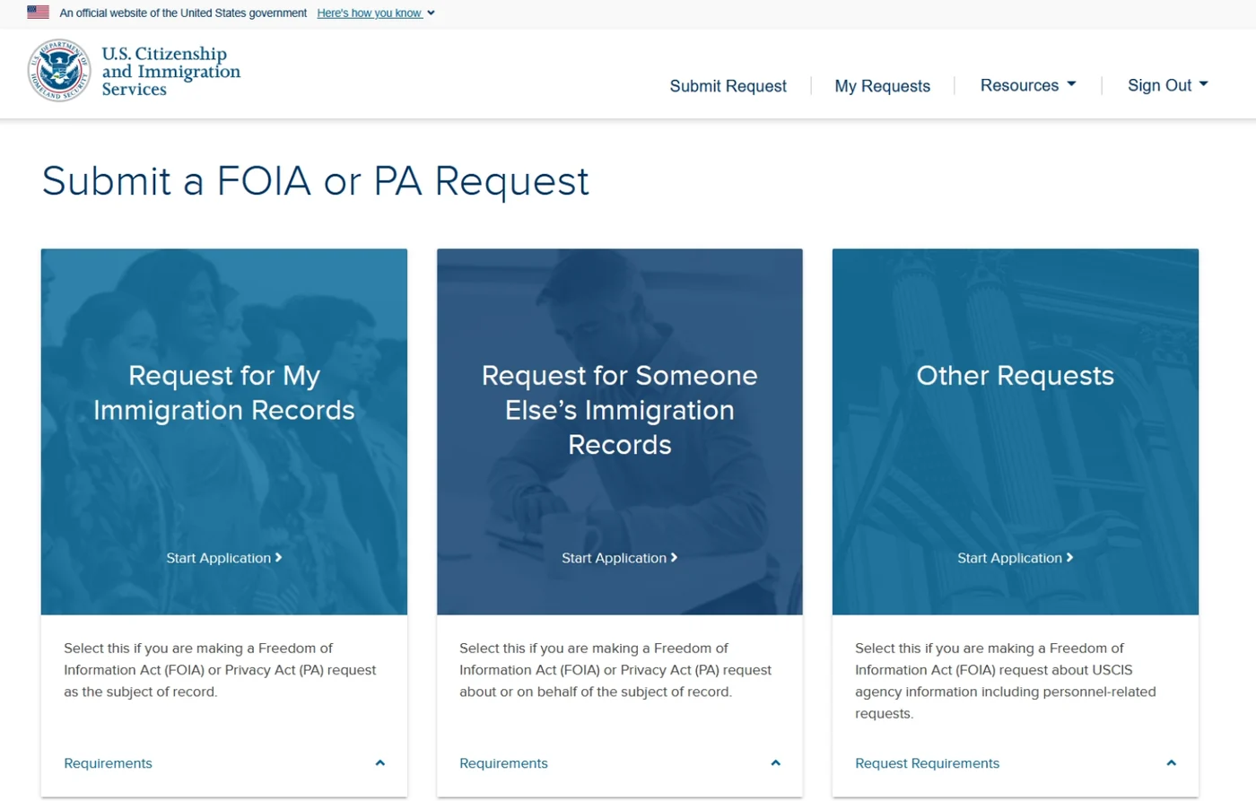 USCIS online FOIA submission page