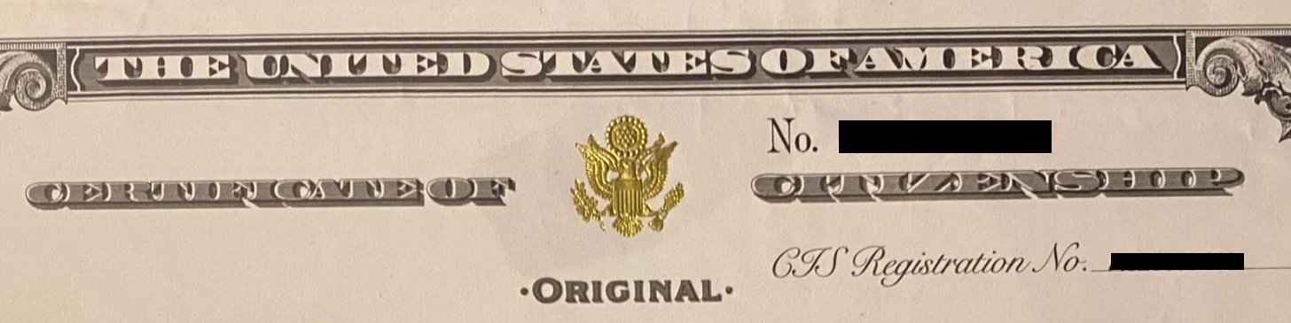 Redacted heading of a United States Certificate of Citizenship